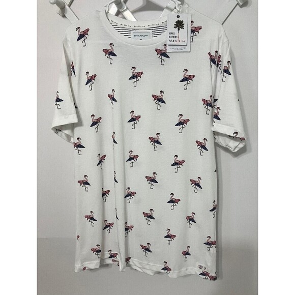 New Denim & Flower Woman's White Flamingo Surfboard Shirt American Flag USA  XL - Picture 1 of 10